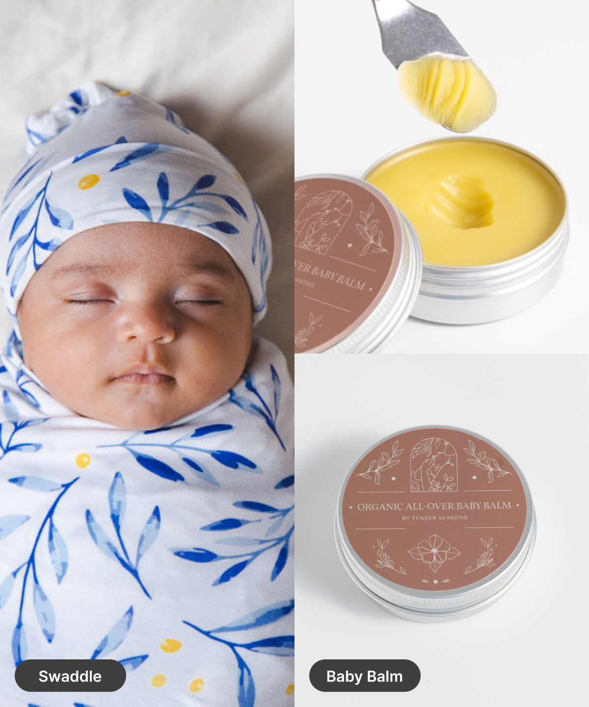 Group photo of baby in swaddle and baby balm