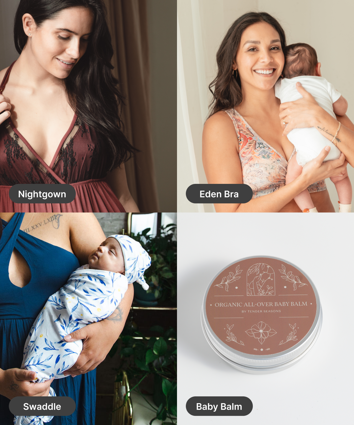 Group photo of woman in maternity bra, gown, baby swaddle, and balm